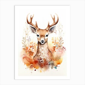 A Deer Watercolour In Autumn Colours 1 Art Print