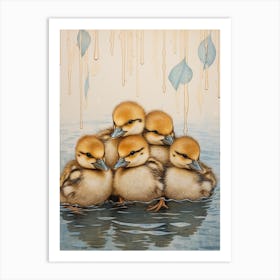 Ducklings In The Rain Japanese Woodblock Style 3 Art Print