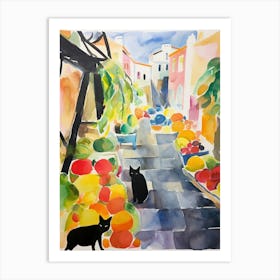 Food Market With Cats In Positano 2 Watercolour Art Print