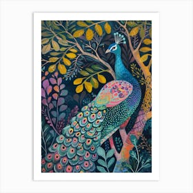 Folky Peacock In The Leaves 2 Art Print