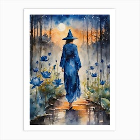 Blue Lotus Witch ~ Blue Moon Witchcraft Fairytale Witchcraft Sacred Spirit Watercolor Painting China Yoga Meditating Spiritual Witches Witchy Painting Art Print
