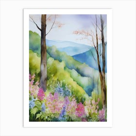 Smoky Mountains Painting, Spring Flowers, Watercolor Art, Appalachian Mountain Landscape Wall Art, Mountain Forest Print..177 Art Print