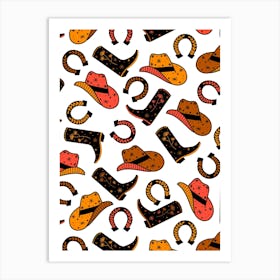 Bold Retro Western Cowboy Motifs - Brown, Black, Orange, Yellow Art Print