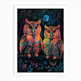 Two Owls At Night Art Print