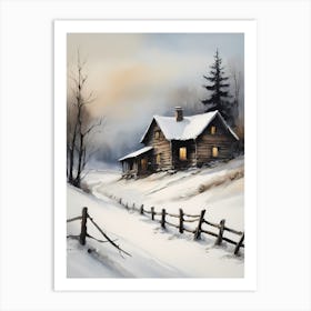 Rustic Winter Oil Painting Vintage Cottage (22) Art Print