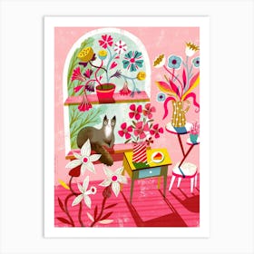 Pink Room With Plants And Cat Art Print