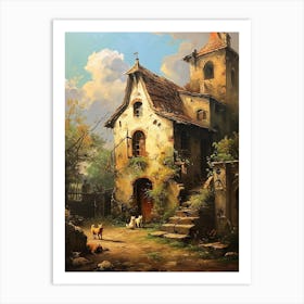 Cats In Front Of A Medieval Cottage Rococo Painting Inspired 2 Art Print