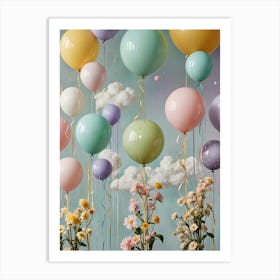 Balloons In The Sky with Flowers Art Print