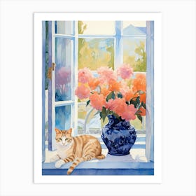Cat With Bleedeing Heart Flowers Watercolor Mothers Day Valentines 3 Art Print
