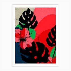 Flowers And Monstera Leaves Art Print
