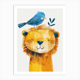 Small Joyful Lion With A Bird On Its Head 10 Art Print