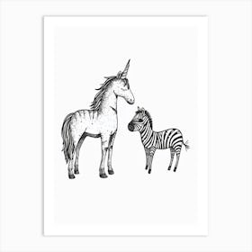 A Unicorn & Zebra Black And White 3 Art Print