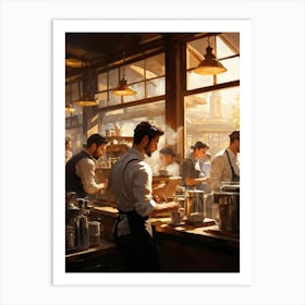 A Busy Cafe Scene Captured In Impressionist Style Barista Bustling Amidst The Morning Rush Meticul (2) Art Print