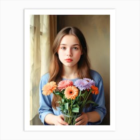 Portrait Of A Girl Holding Flowers Art Print