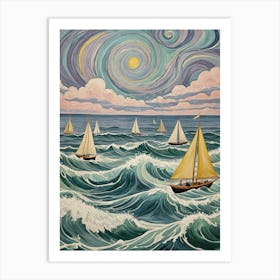 Whimsical Sailboats In The Ocean Art Print