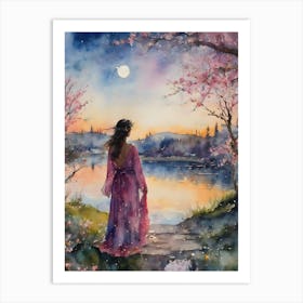 Rose Blossom Lady ~ Sacred Spirit Watercolor Full Moon Witchcraft Beautiful Pagan Woman Sakura Spring Painting Art Print