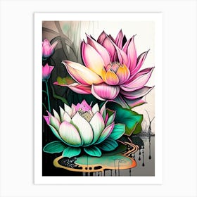 Lotus Flowers In Garden Graffiti 2 Art Print
