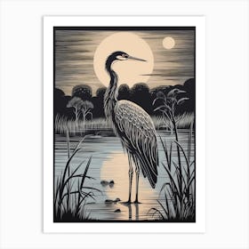 Vintage Bird Linocut Great Blue Heron 2 Art Print