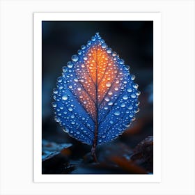 Blue Leaf With Water Droplets 9 Art Print