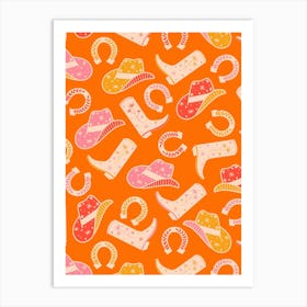 Warm Retro Western Cowgirl Motifs - Orange, Pink, Peach, Cream Art Print