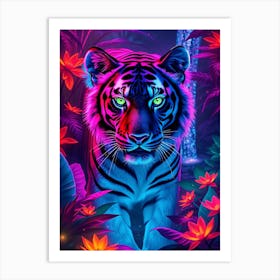 Tiger In Purple and Blue Neon Light Art Print