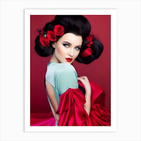 Geisha Woman With Red Roses Art Print