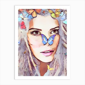 Portrait Of A Woman With Butterflies Art Print