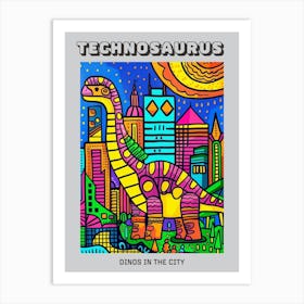 Cute Geometric Dinosaur Cityscape Abstract Illustration Poster Art Print