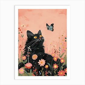 Black Cat With Butterfly 1 Art Print