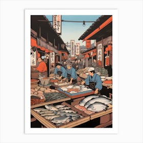 Tsukiji Fish Market, Japan Vintage Travel Art 3 Art Print