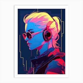 Girl With Headphones, cyberpunk style Art Print