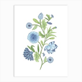 Blue Carnation and Lotus Indian style Flowers Art Print