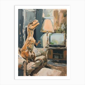 Dinosaur In The Living Room With A Tv Art Print