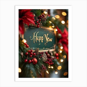 Banner Adorned With Festive Embellishments Swirling Calligraphic Happy New Year Inscription Cent Art Print