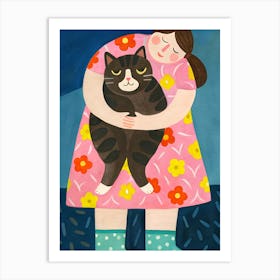 Woman Girl And Cat, flower dress and socks Art Print