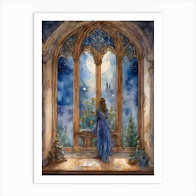 Wish Upon a Star ~ Fairytale Make a Wish Witchy Goddess Winter Wonderland Tarot Manifesting Full Moon Lunar Wheel of the Year, Witchcraft Watercolor Painting Artwork ~ Blue Witch Art Print