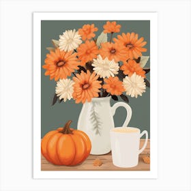 Pitcher With Sunflowers, Atumn Fall Daisies And Pumpkin Latte Cute Illustration 7 Art Print