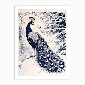 White & Blue Linocut Peacock Snow Scene Art Print