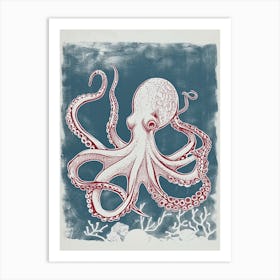 Linocut Inspired Navy Red Octopus With Coral 4 Art Print