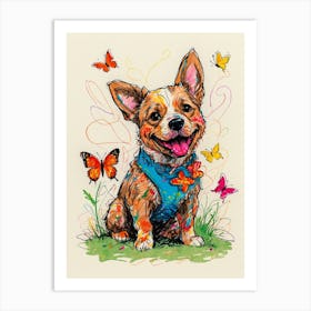 Corgi With Butterflies Art Print