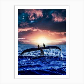 Travel Of Two Penguins On Whale Tail Art Print