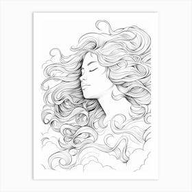 Wavy Hair Fine Line Drawing Colouring Book Style 4 Art Print