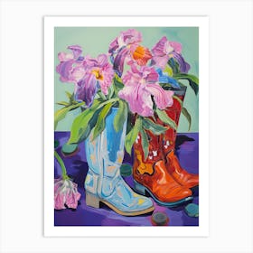 Oil Painting Of Pink And Red Flowers And Cowboy Boots, Oil Style 6 Art Print