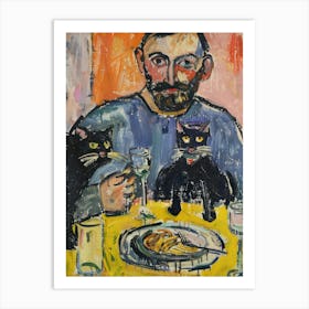 Portrait Of A Man With Cats Eating Pasta 1 Art Print