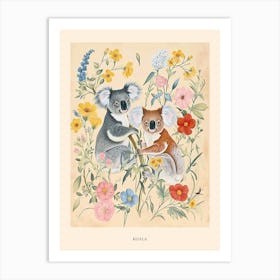 Folksy Floral Animal Drawing Koala Poster Art Print