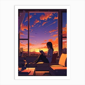 Anime Girl Reading At Sunset 4 Art Print