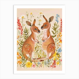 Folksy Floral Animal Drawing Kangaroo 2 Art Print