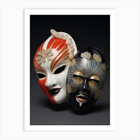 Noh Masks Japanese Style Illustration 3 Art Print
