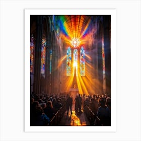 Cathedral Bathed In The Ethereal Glow Of Sunrise During Sunday Worship Congregants In Vibrant Attir 2 1 Art Print