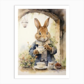 Bunny Drinking Tea Rabbit Prints Watercolour 1 Art Print